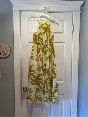 Tahari Cream and Olive Green Palm Print Maxi Dress